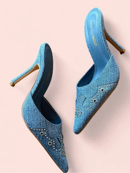 Fashion Nova Light Blue Denim Pointed Mule Heels with Stud Details - Picture 1 of 3